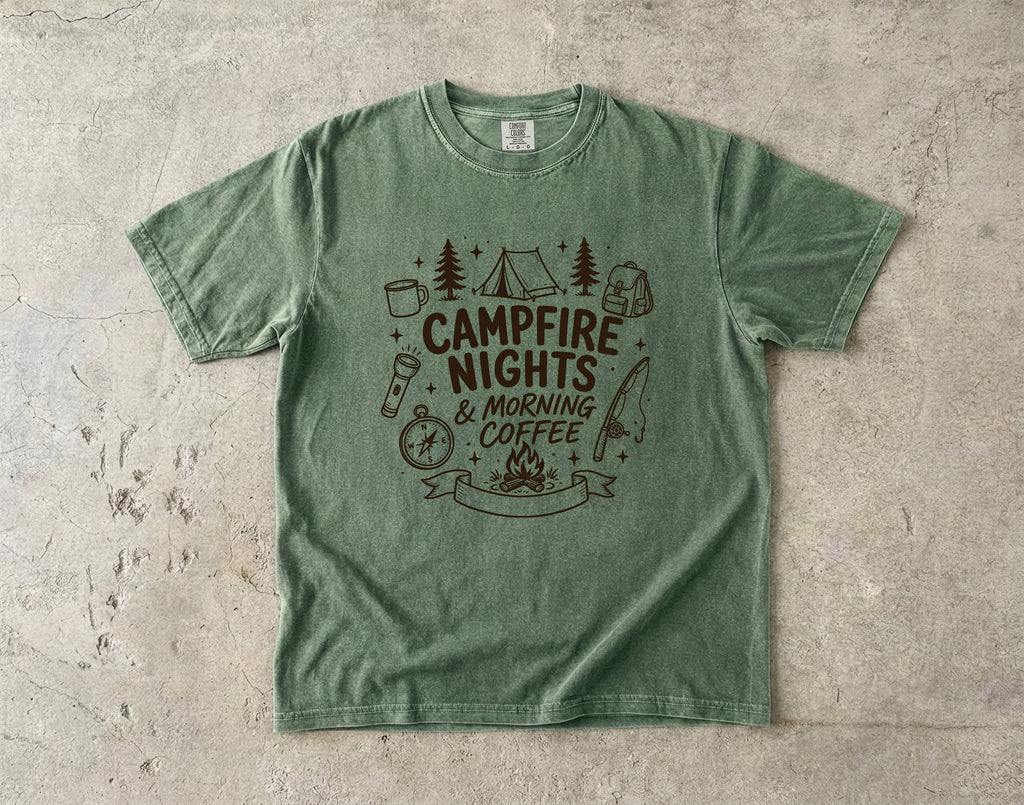 Campfire Nights and Morning Coffee Camping Shirt in Moss – flat lay