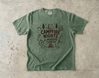 Campfire Nights and Morning Coffee Camping Shirt in Moss – flat lay