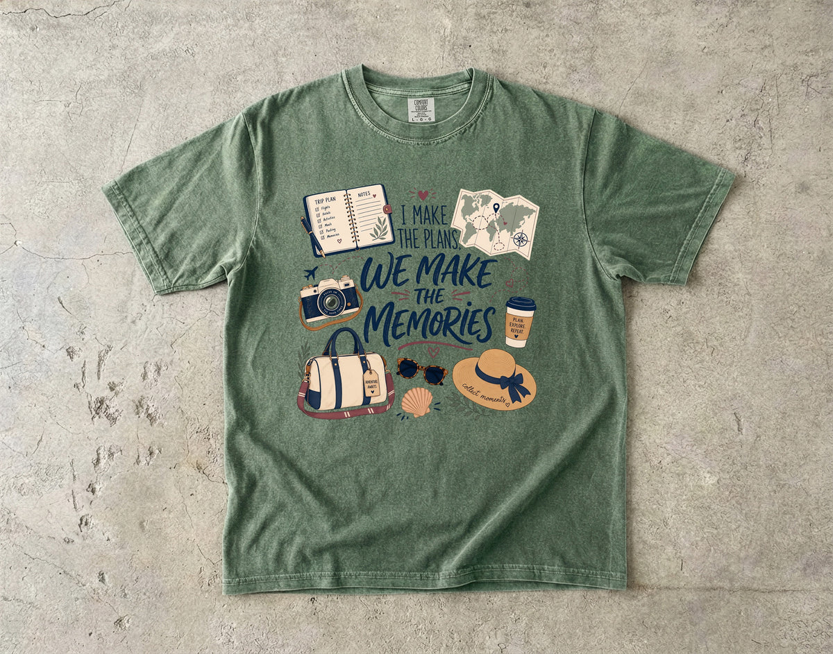 I Make the Plans We Make the Memories Travel Mom Shirt in Moss – flat lay