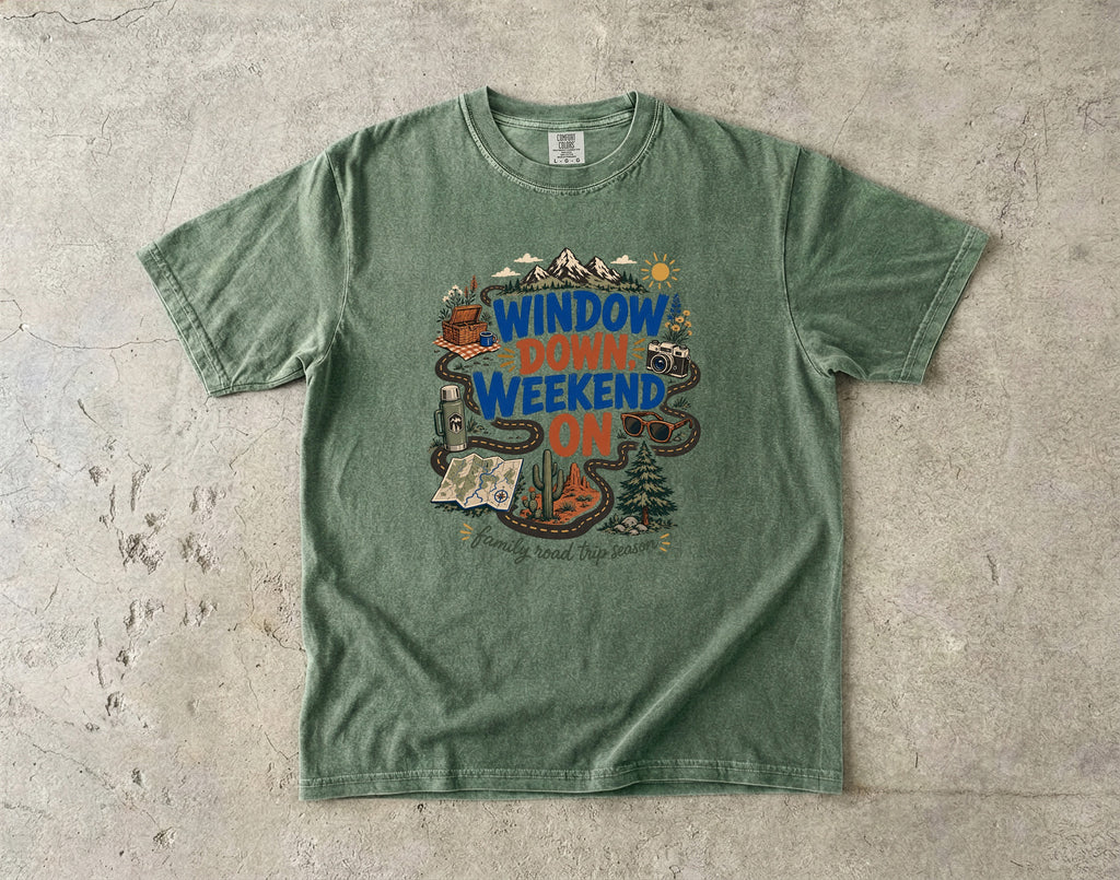 Window Down Weekend On Road Trip Shirt in Moss – flat lay