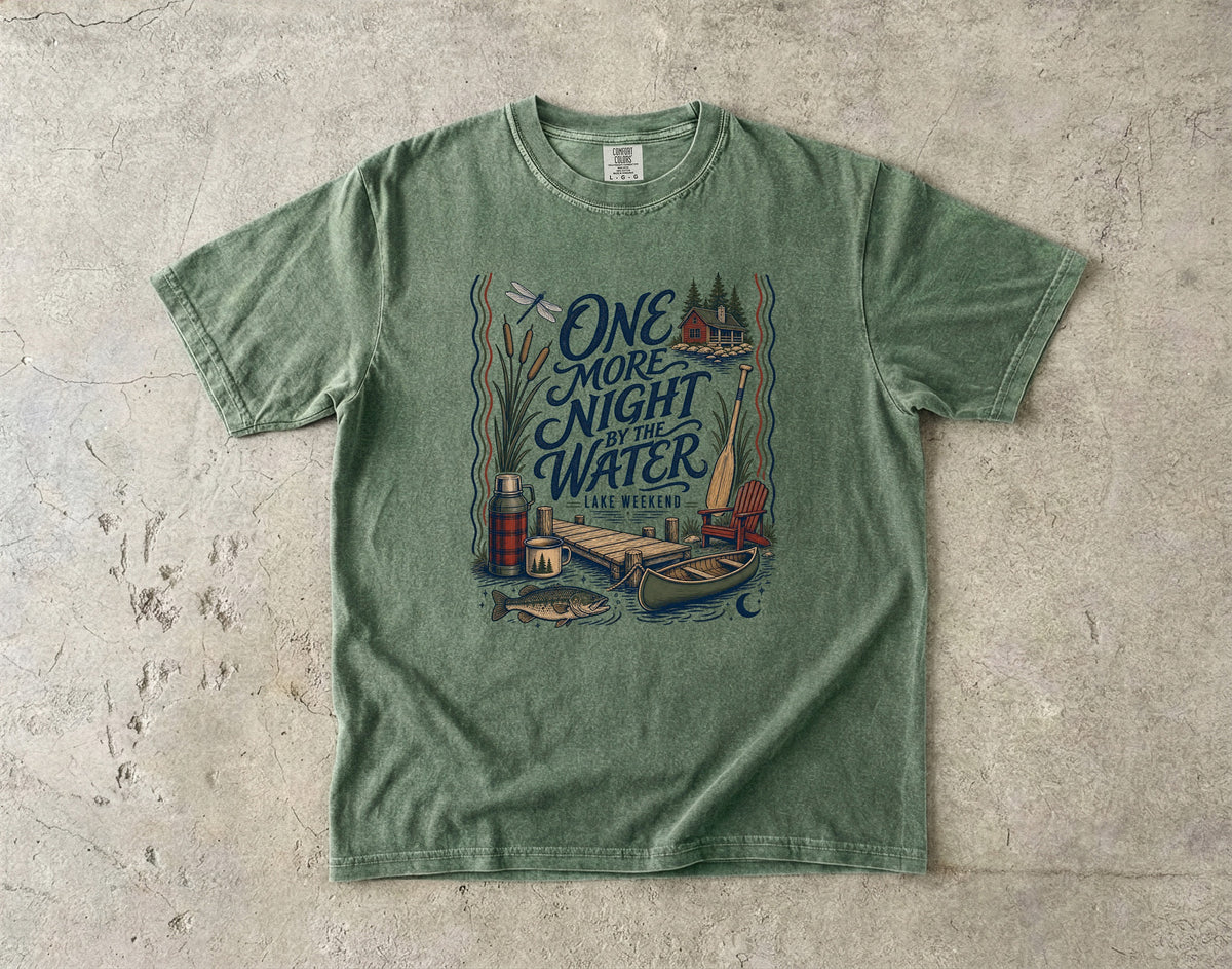 One More Night by the Water Lake Vacation Shirt in Moss – flat lay