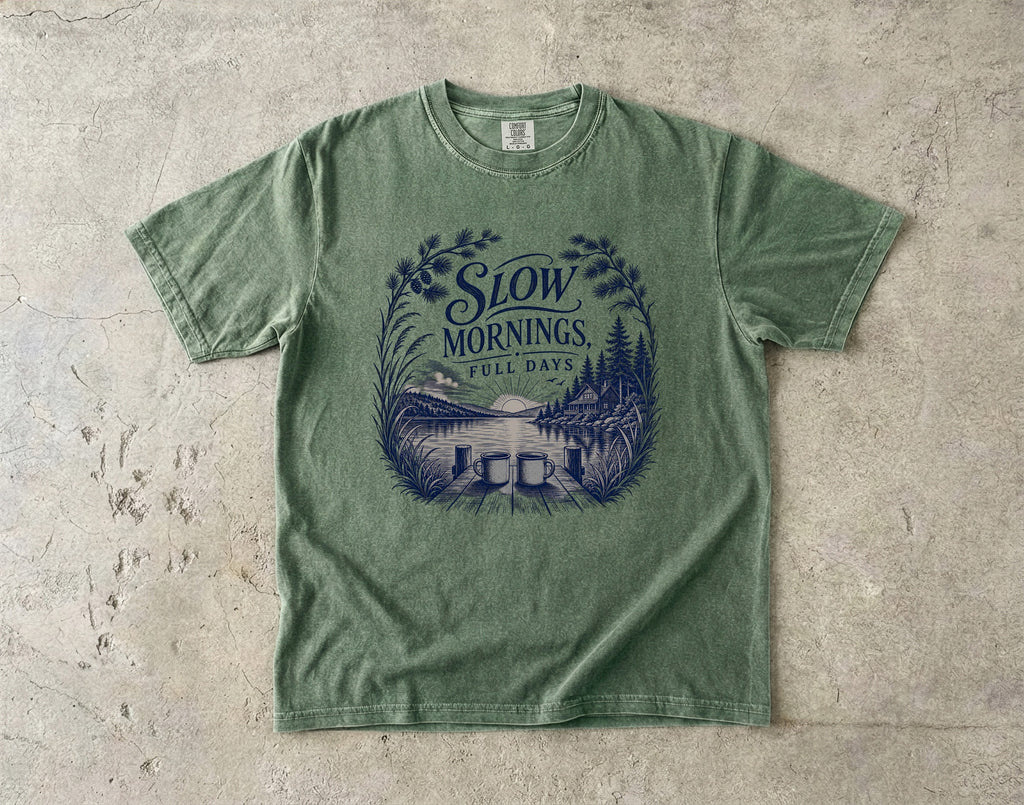 Slow Mornings Full Days Lake Vacation Shirt in Moss – flat lay