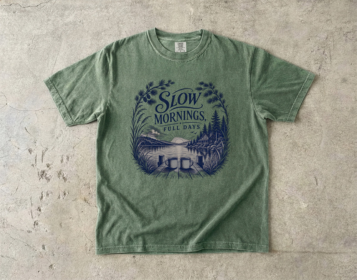 Slow Mornings Full Days Lake Vacation Shirt in Moss – flat lay
