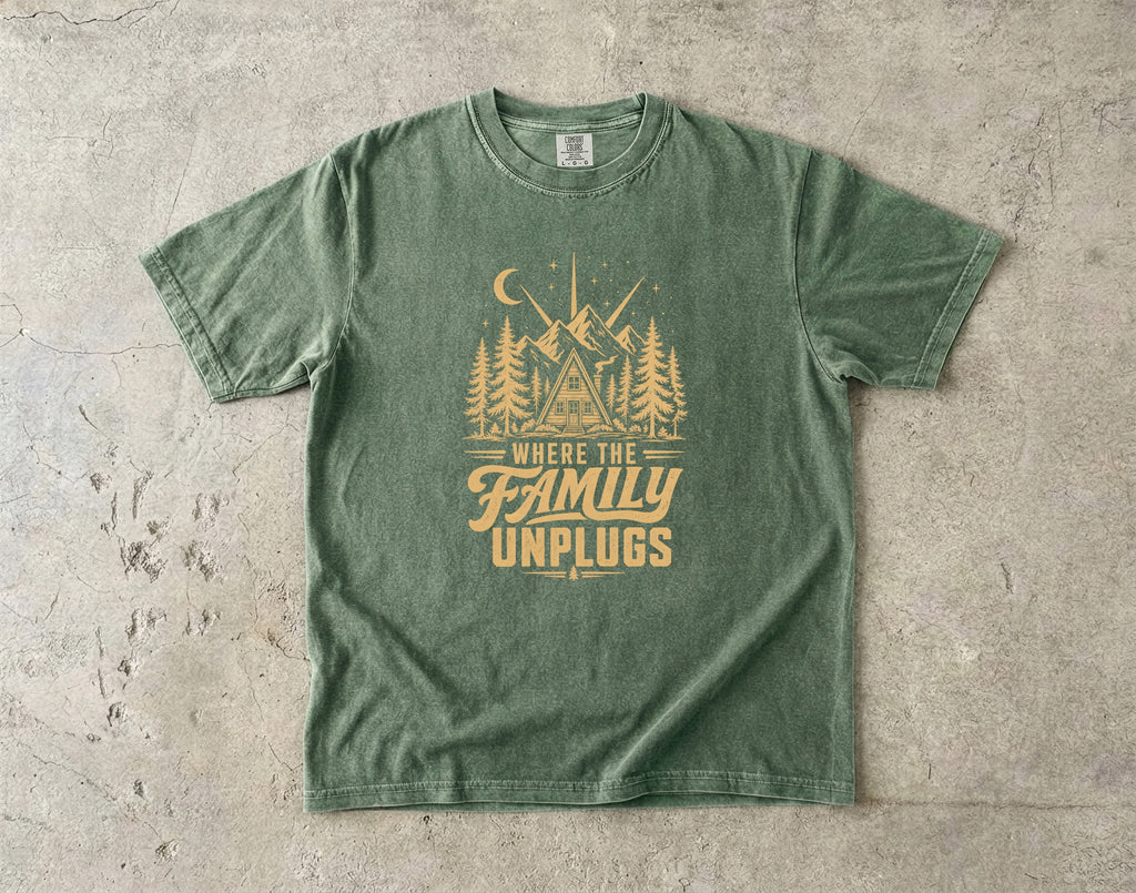 Where the Family Unplugs Cabin Shirt in Moss – flat lay