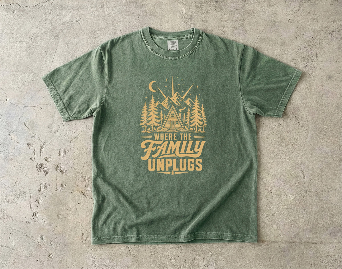 Where the Family Unplugs Cabin Shirt in Moss – flat lay