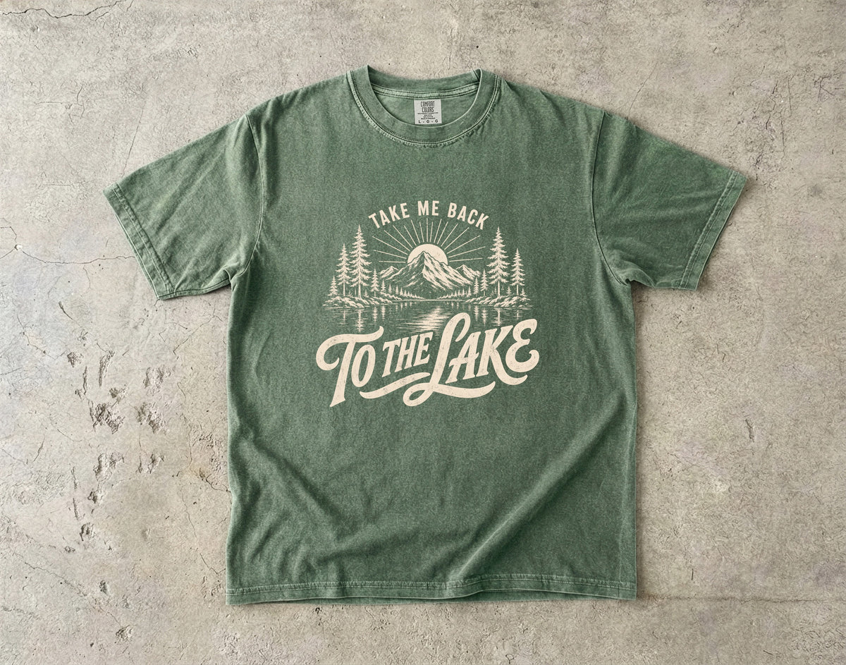 Take Me Back to the Lake Shirt in Moss – flat lay