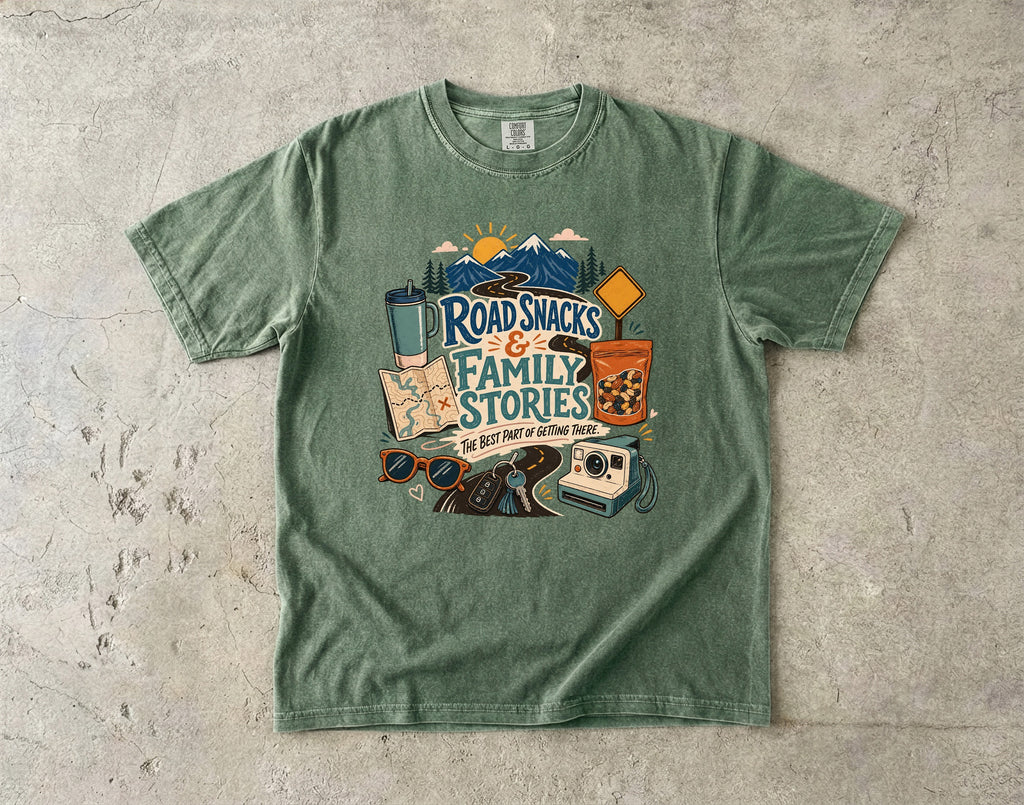 Road Snacks and Family Stories Road Trip Shirt in Moss – flat lay