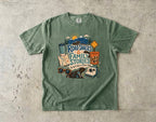 Road Snacks and Family Stories Road Trip Shirt in Moss – flat lay