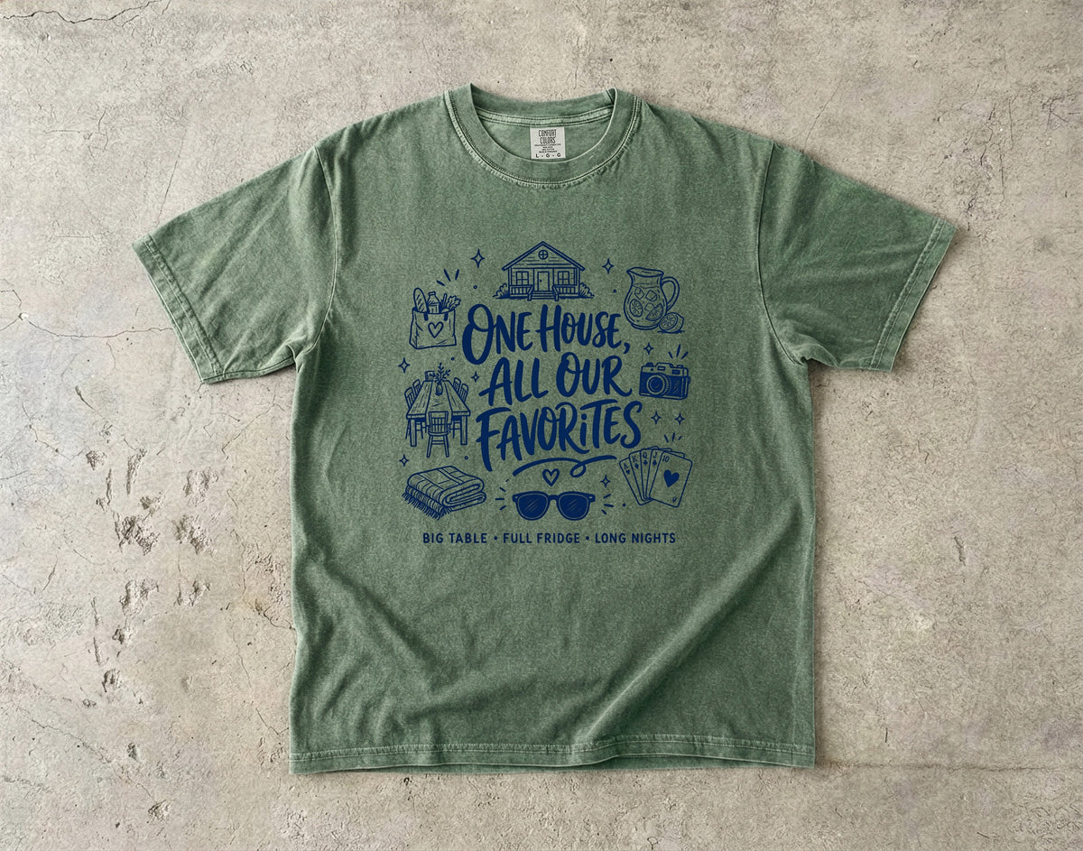 One House All Our Favorites Family Getaway Shirt in Moss – flat lay