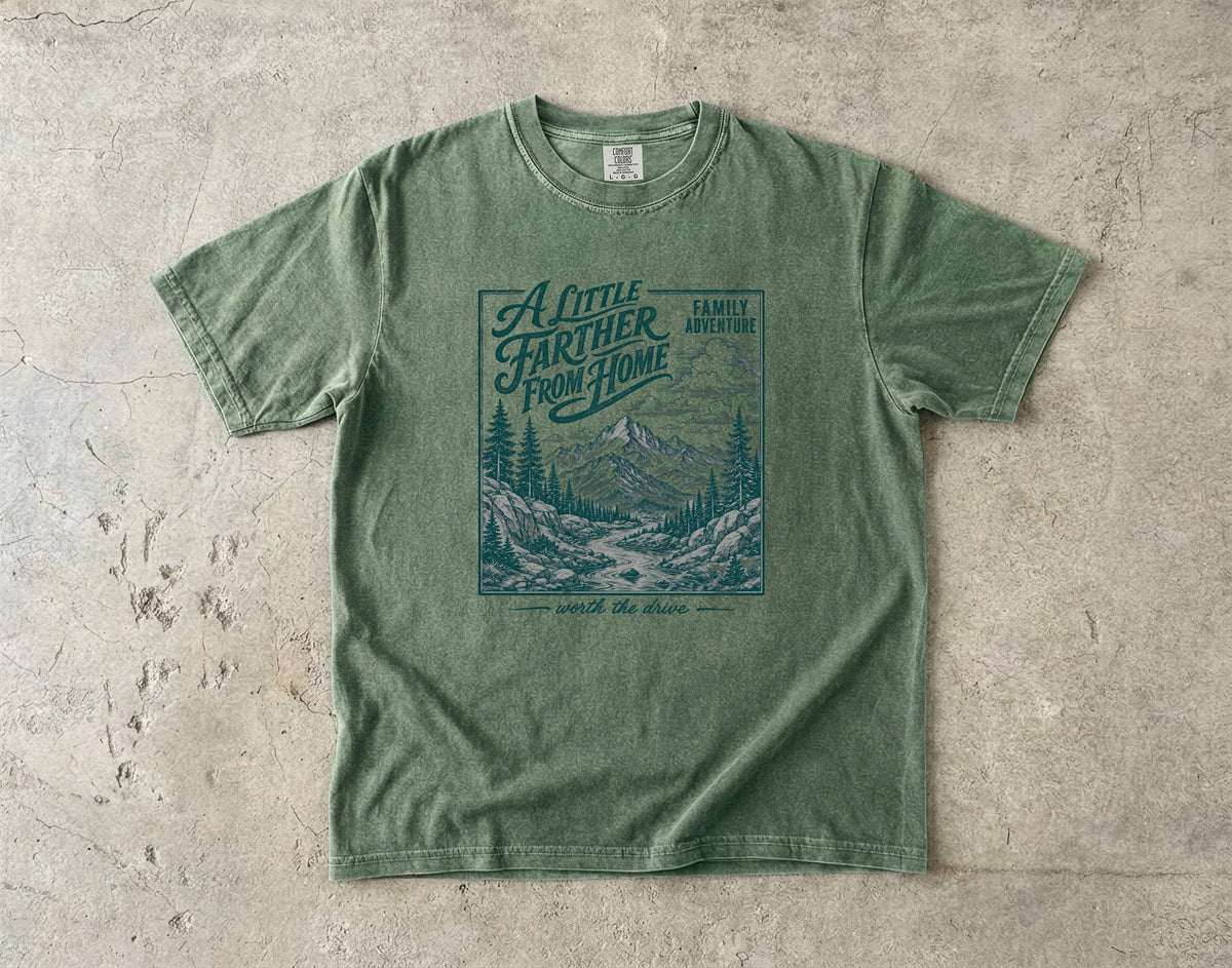 A Little Farther from Home Family Adventure Shirt in Moss – flat lay
