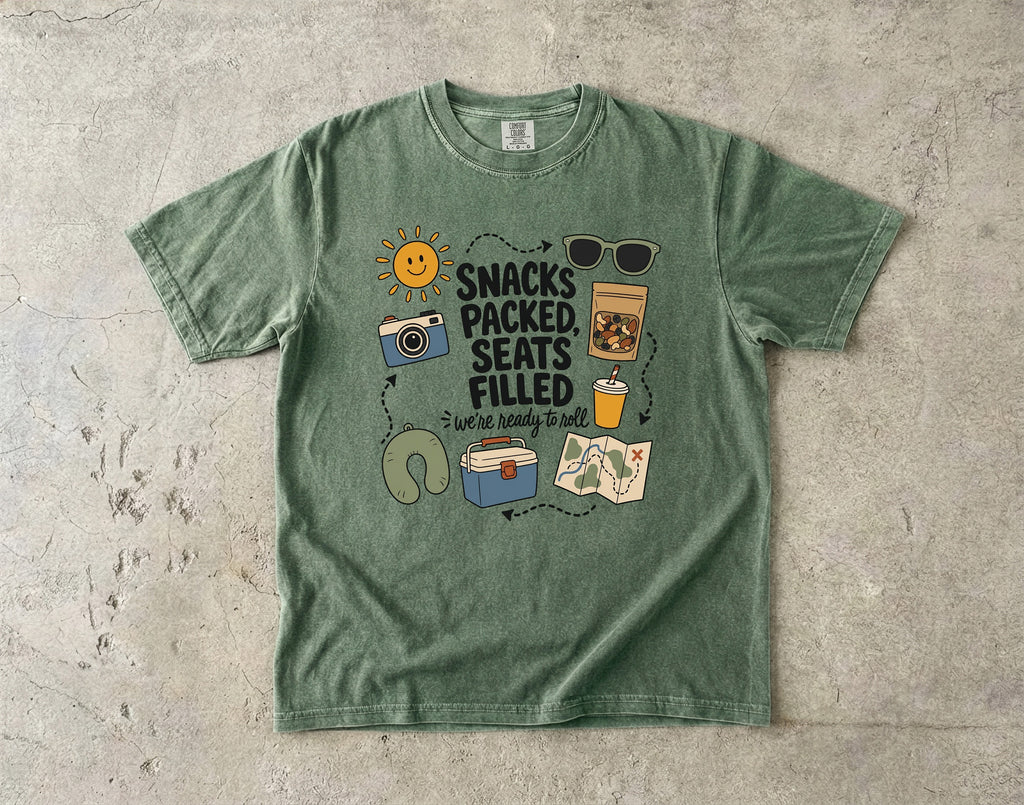 Snacks Packed Seats Filled Road Trip Shirt in Moss – flat lay