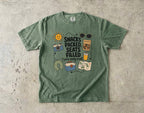 Snacks Packed Seats Filled Road Trip Shirt in Moss – flat lay