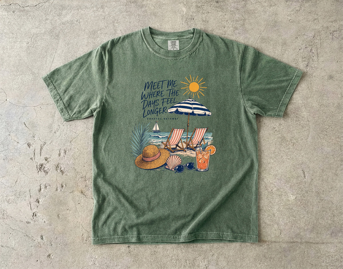 Meet Me Where the Days Feel Longer Beach Vacation Shirt in Moss – flat lay