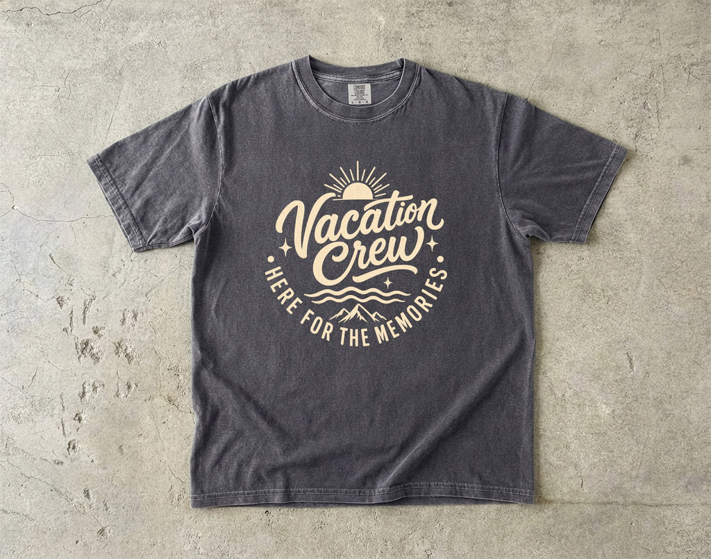 Vacation Crew Here for the Memories Shirt in Pepper – flat lay