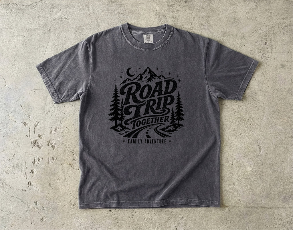 Road Trip Together Family Adventure Shirt in Pepper – flat lay