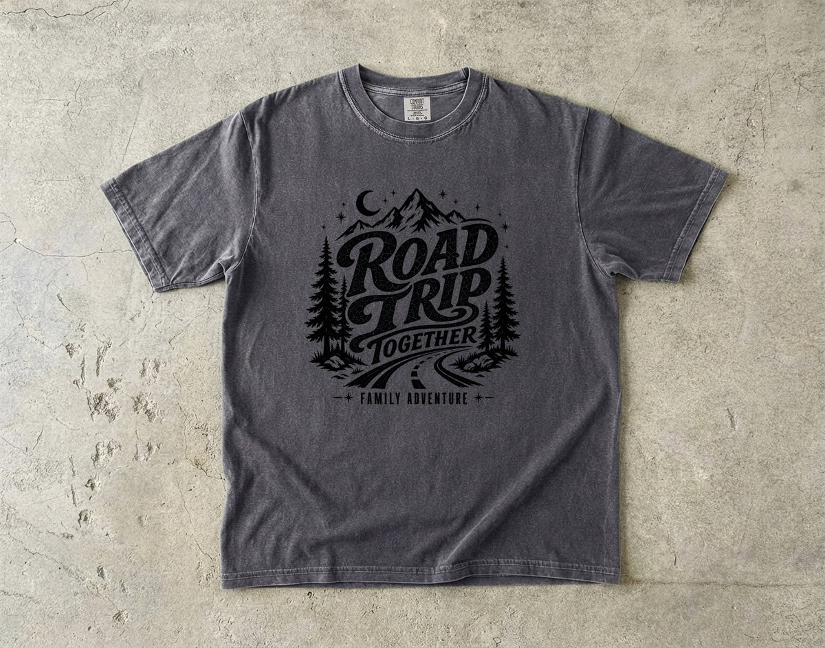 Road Trip Together Family Adventure Shirt in Pepper – flat lay