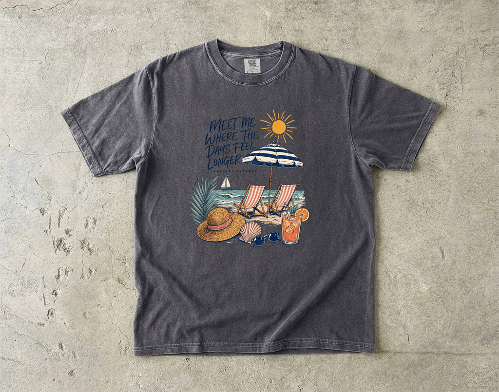 Meet Me Where the Days Feel Longer Beach Vacation Shirt in Pepper – flat lay