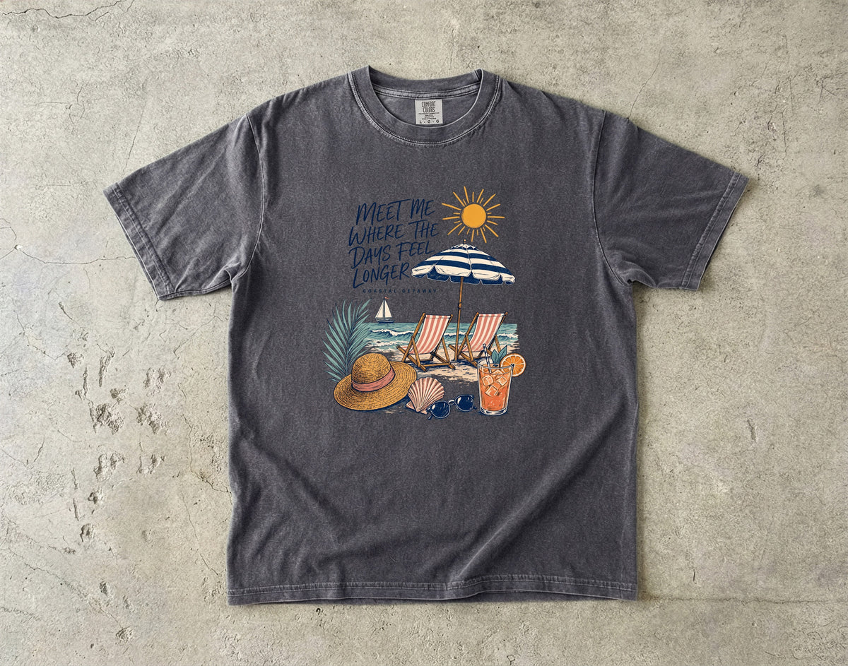Meet Me Where the Days Feel Longer Beach Vacation Shirt in Pepper – flat lay