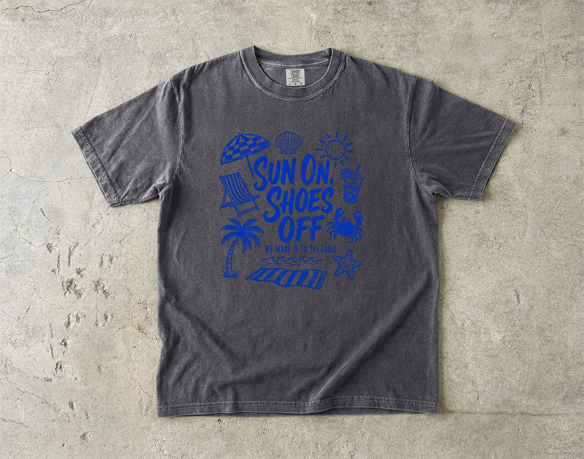 Sun On Shoes Off Beach Vacation Shirt in Pepper – flat lay