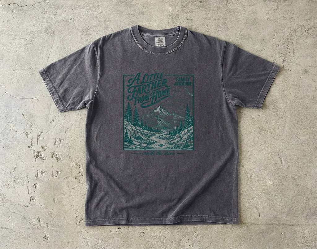 A Little Farther from Home Family Adventure Shirt in Pepper – flat lay
