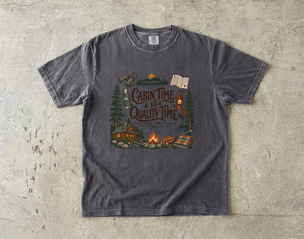 Cabin Time Is Quality Time Lake Vacation Shirt in Pepper – flat lay