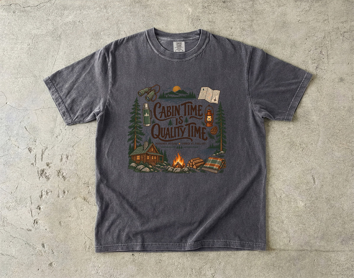 Cabin Time Is Quality Time Lake Vacation Shirt in Pepper – flat lay