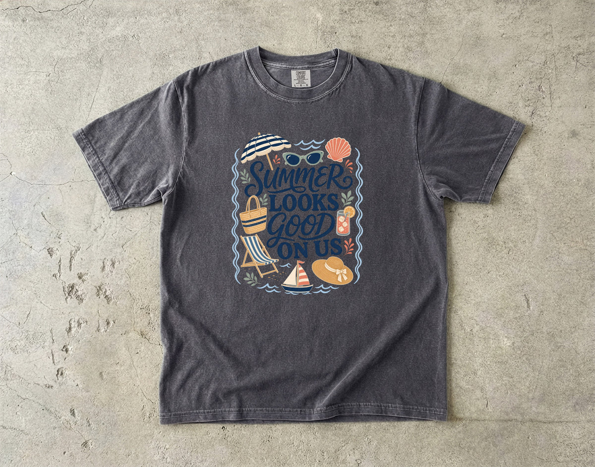 Summer Looks Good On Us Beach Vacation Shirt in Pepper – flat lay