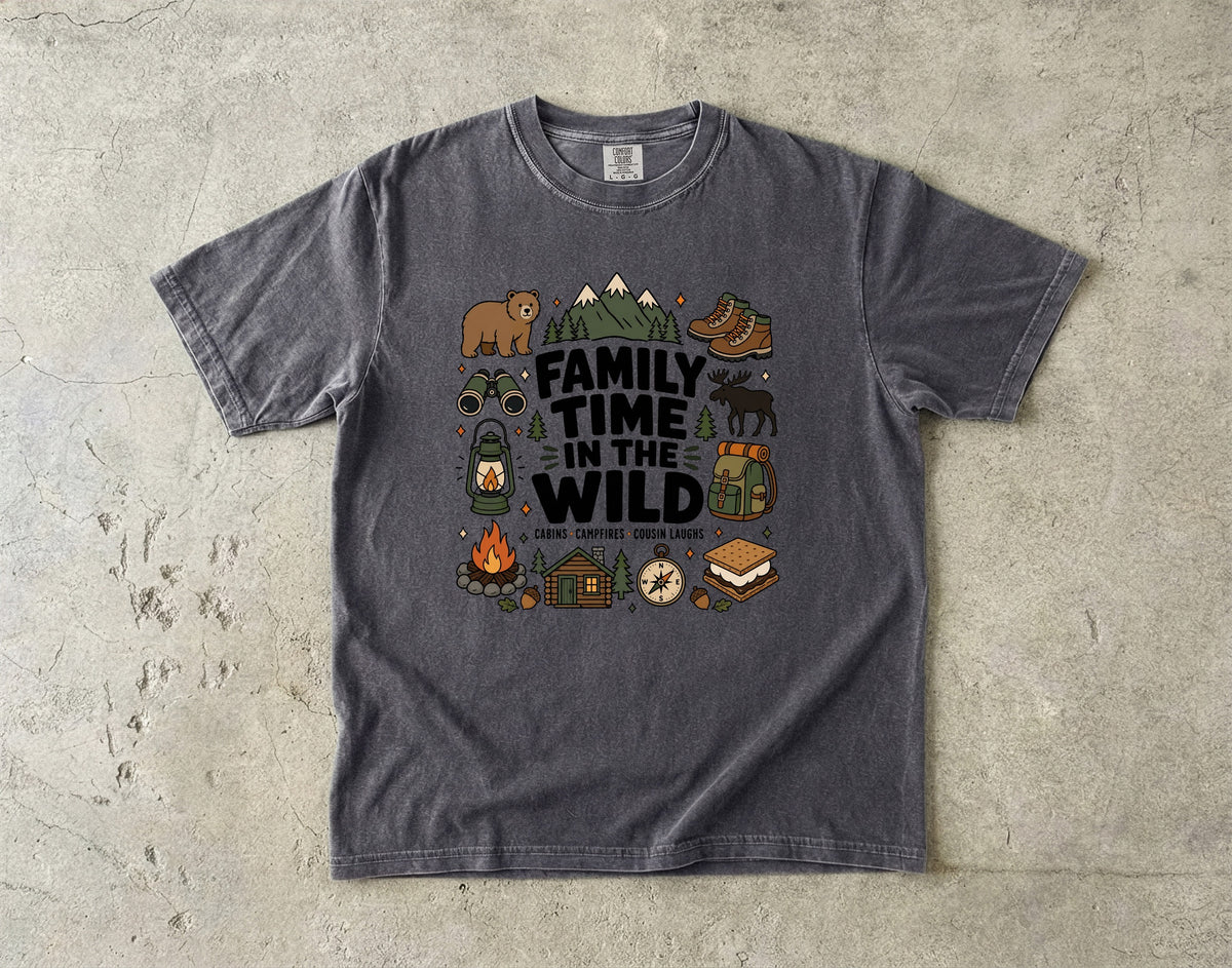 Family Time in the Wild Camping Shirt in Pepper – flat lay