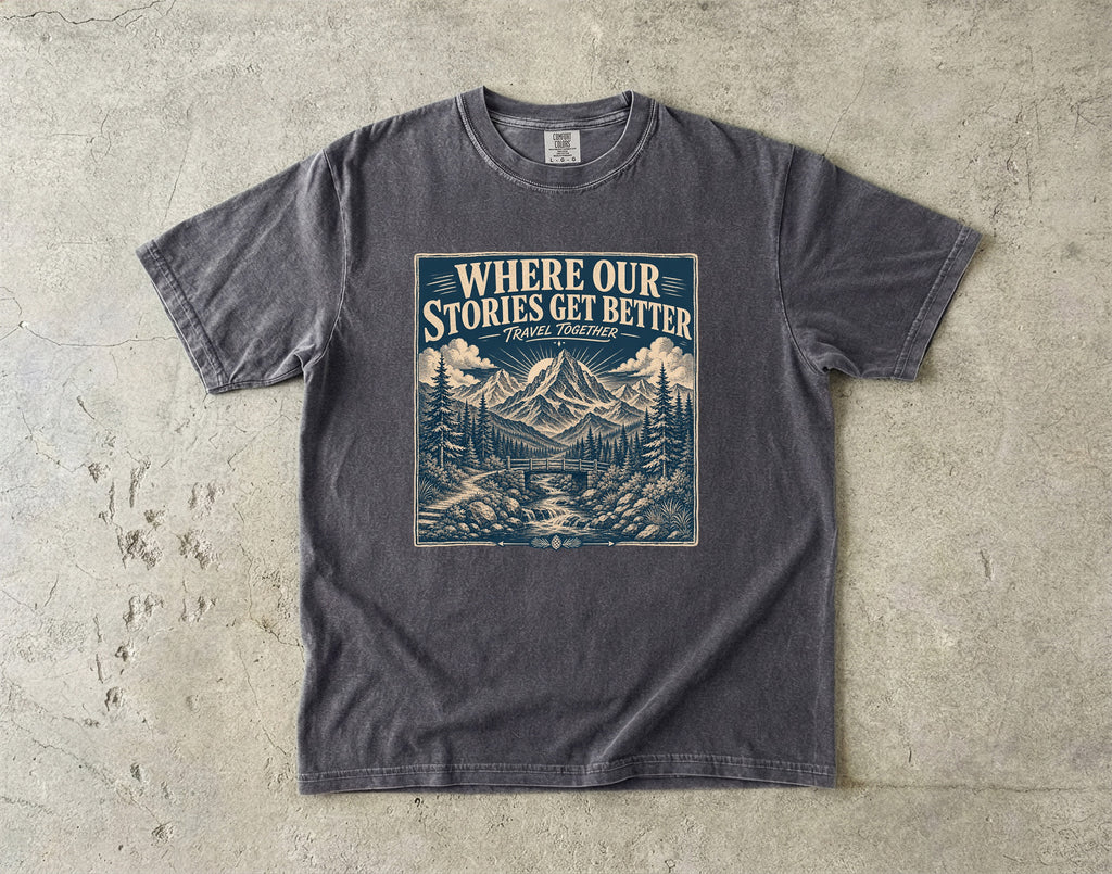 Where Our Stories Get Better Mountain Adventure Shirt in Pepper – flat lay