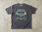 Where Our Stories Get Better Mountain Adventure Shirt in Pepper – flat lay
