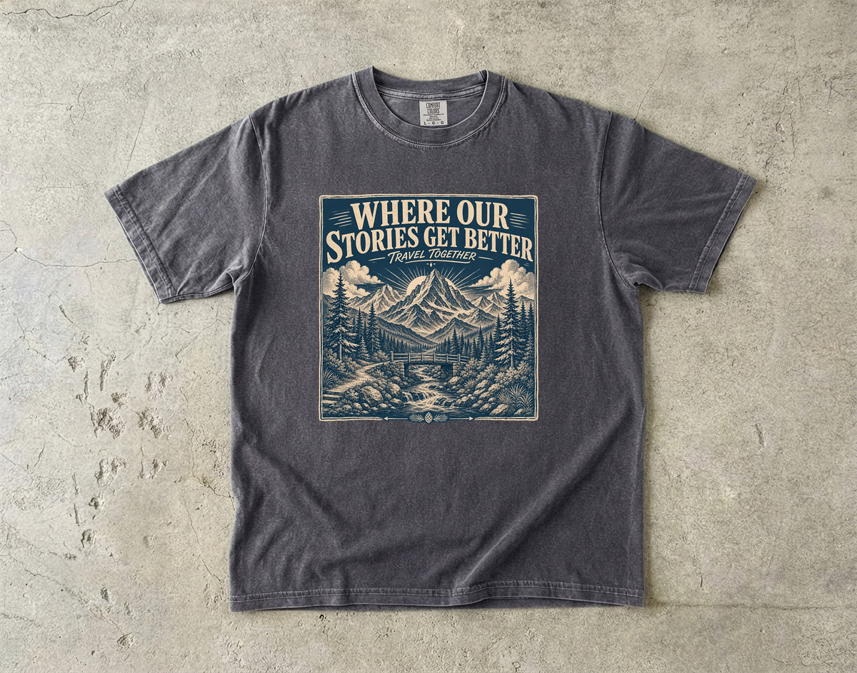 Where Our Stories Get Better Mountain Adventure Shirt in Pepper – flat lay