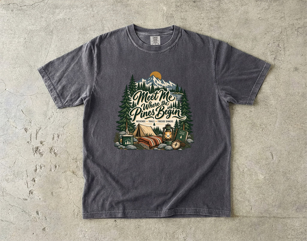 Meet Me Where the Pines Begin Mountain Camping Shirt in Pepper – flat lay