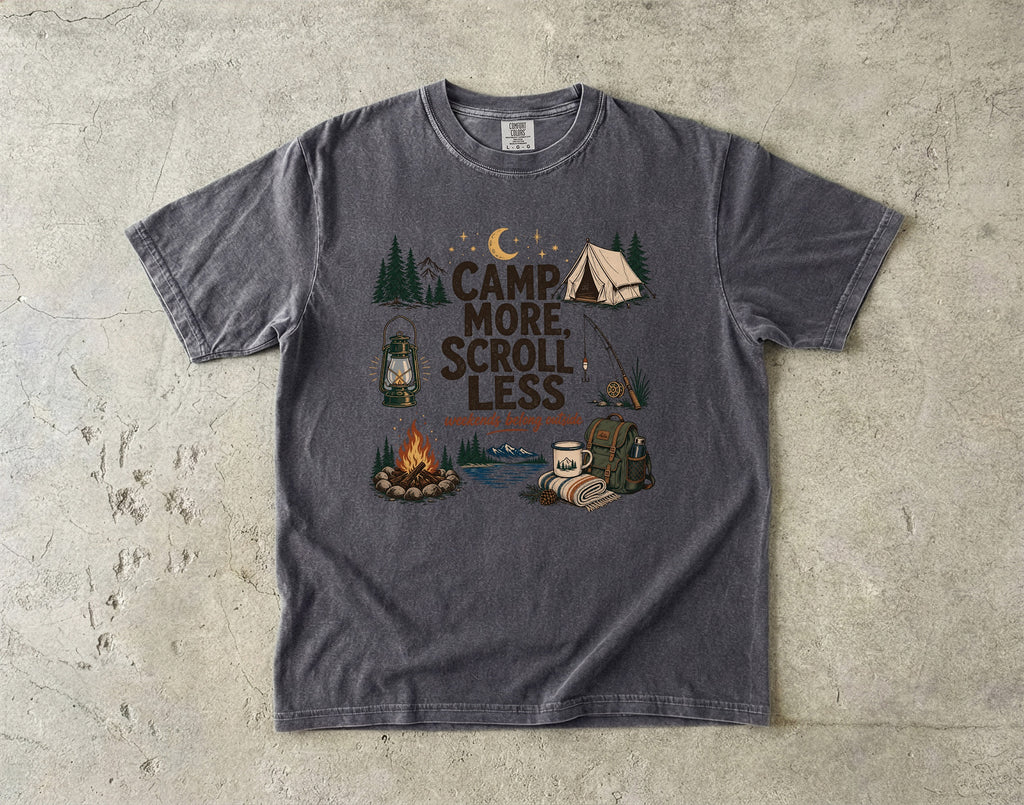 Camp More Scroll Less Camping Shirt in Pepper – flat lay