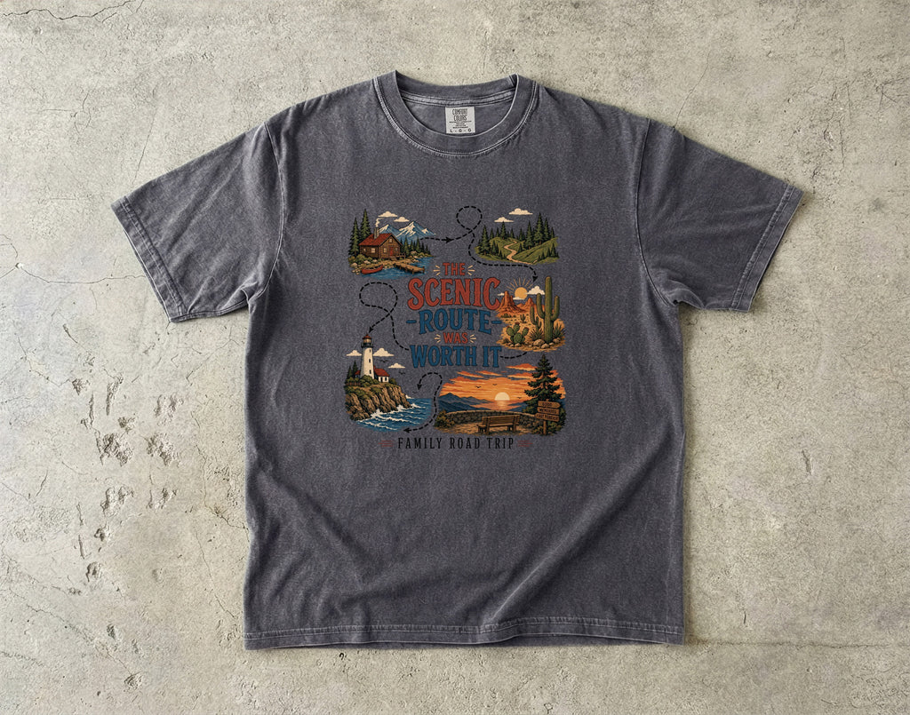 The Scenic Route Was Worth It Road Trip Shirt in Pepper – flat lay