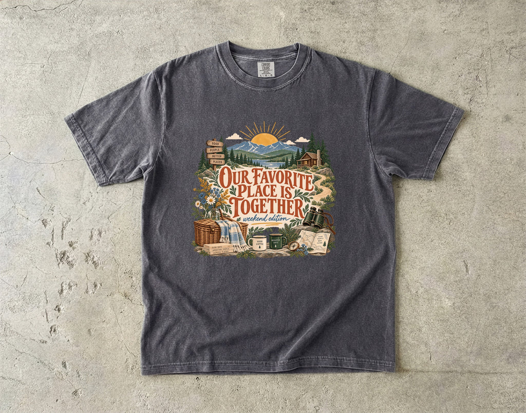 Our Favorite Place Is Together Family Getaway Shirt in Pepper – flat lay