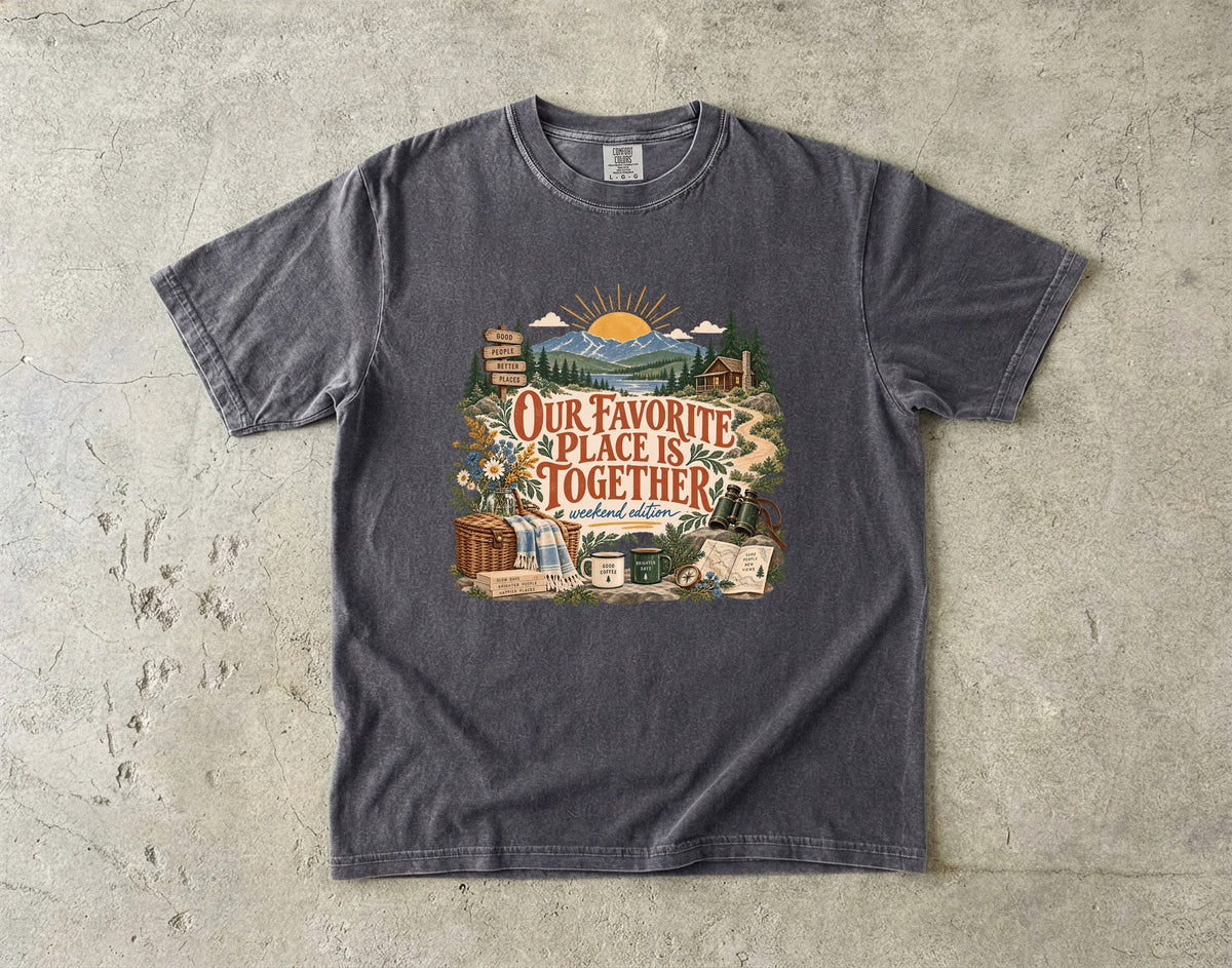 Our Favorite Place Is Together Family Getaway Shirt in Pepper – flat lay