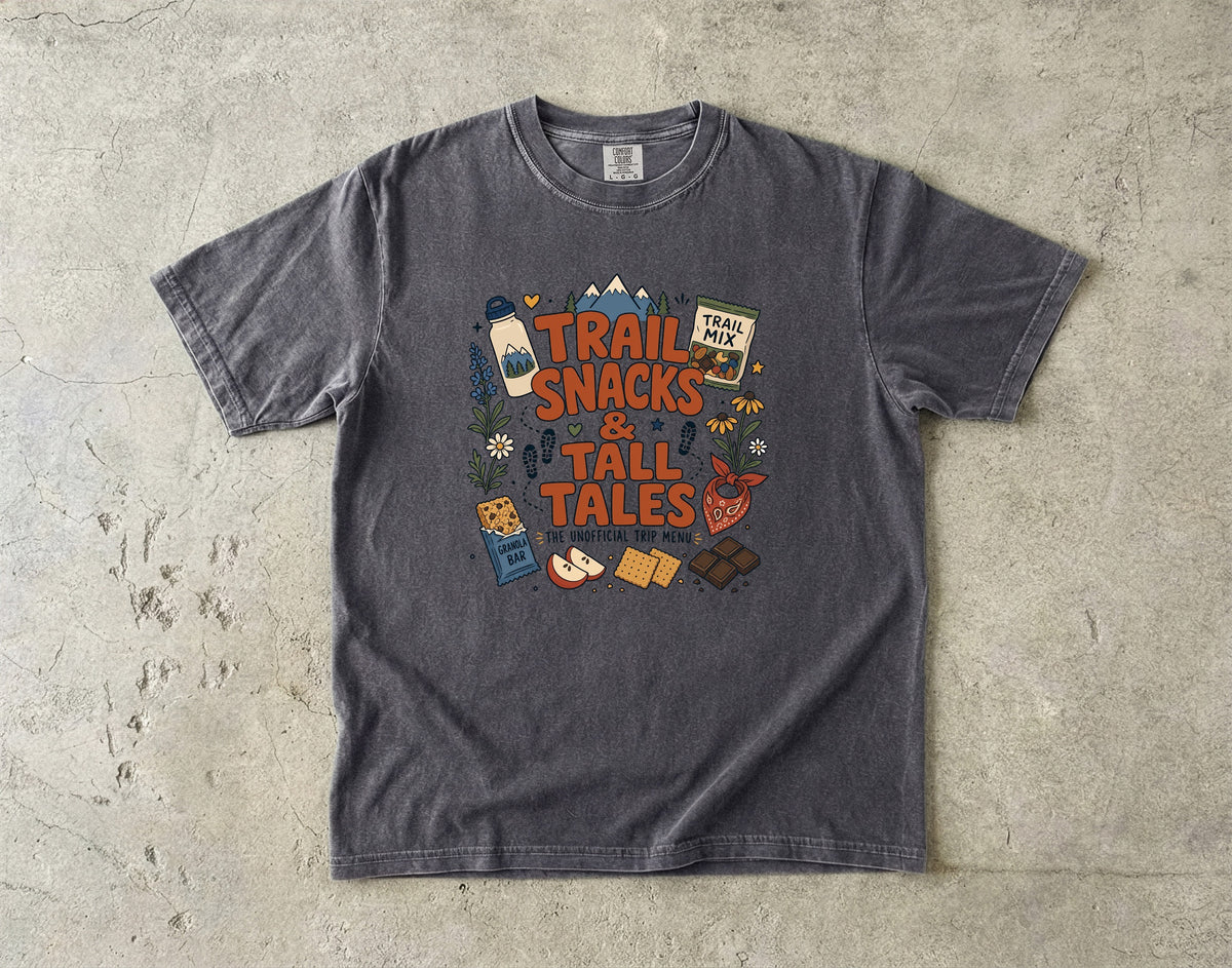 Trail Snacks and Tall Tales Mountain Adventure Shirt in Pepper – flat lay