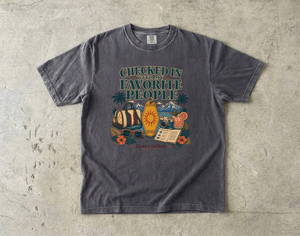 Checked In with My Favorite People Family Getaway Shirt in Pepper – flat lay