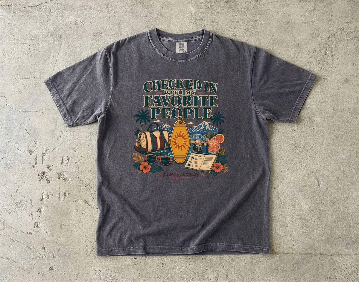 Checked In with My Favorite People Family Getaway Shirt in Pepper – flat lay