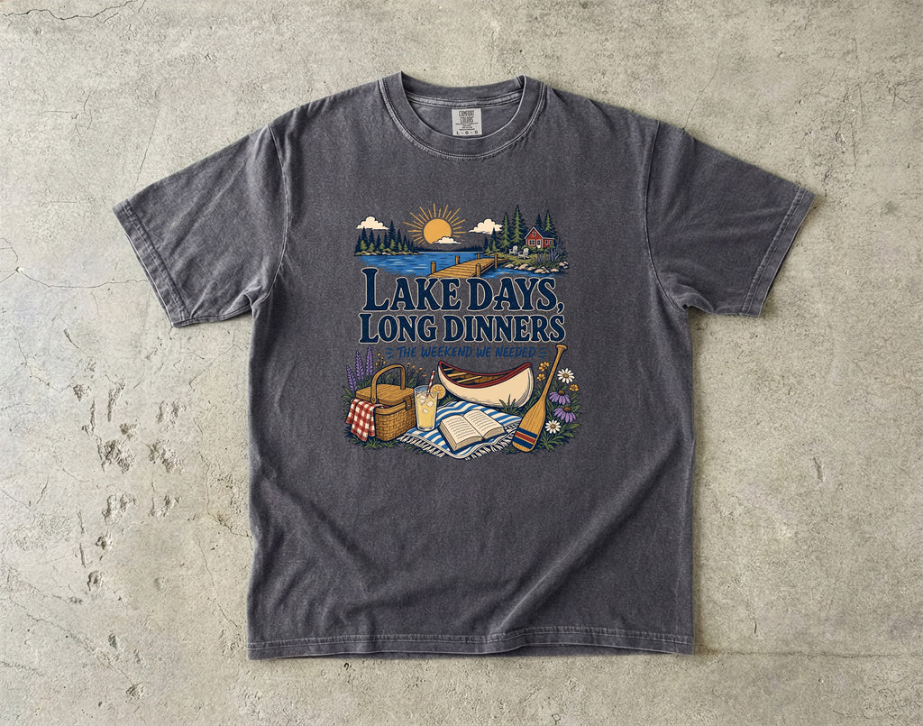 Lake Days Long Dinners Lake Vacation Shirt in Pepper – flat lay
