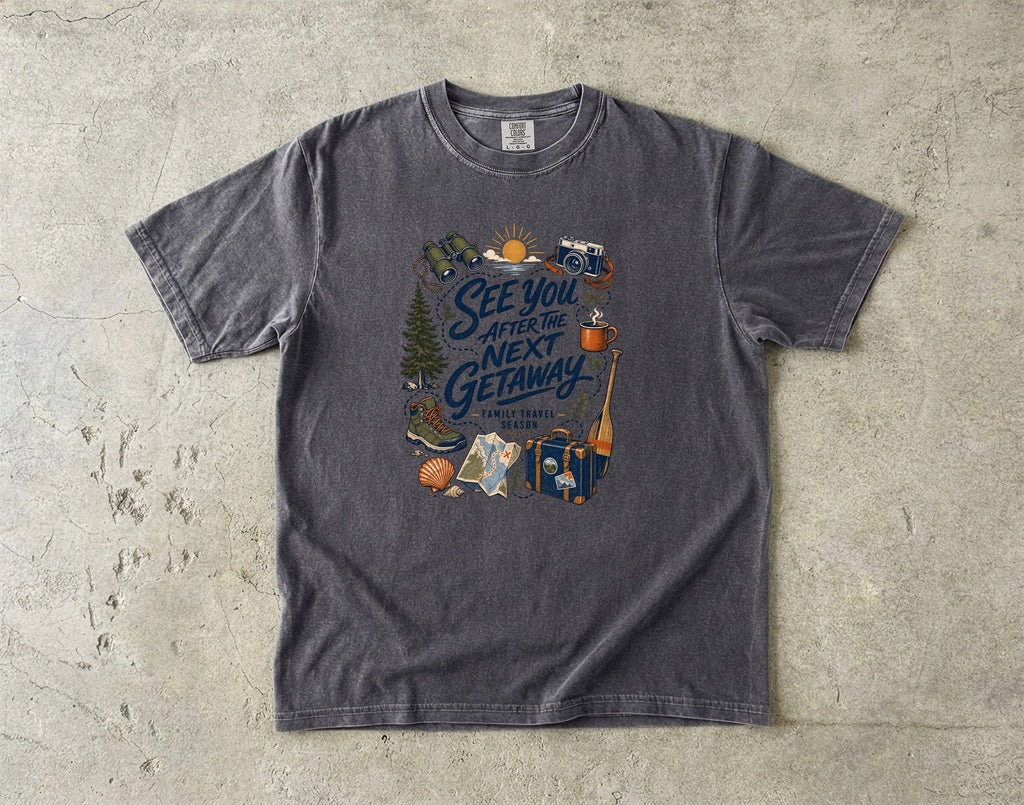 See You After the Next Getaway Family Travel Shirt in Pepper – flat lay