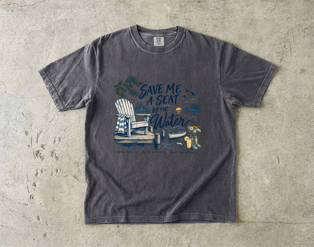 Save Me a Seat by the Water Lake Vacation Shirt in Pepper – flat lay