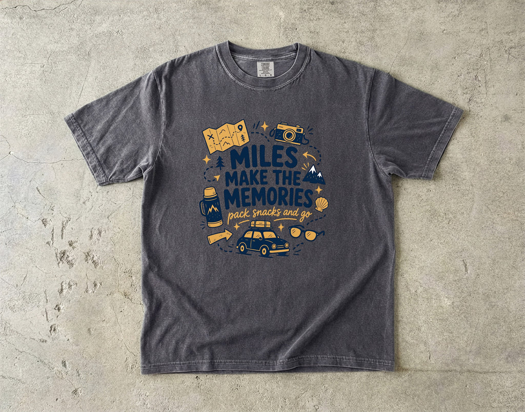 Miles Make the Memories Road Trip Shirt in Pepper – flat lay
