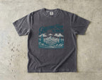 Greetings from the Mountains Family Getaway Shirt in Pepper – flat lay