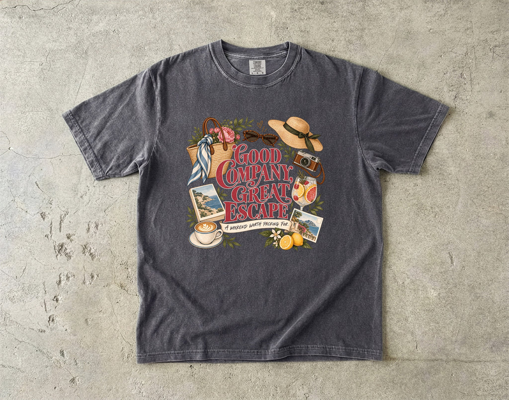 Good Company Great Escape Girls Trip Shirt in Pepper – flat lay