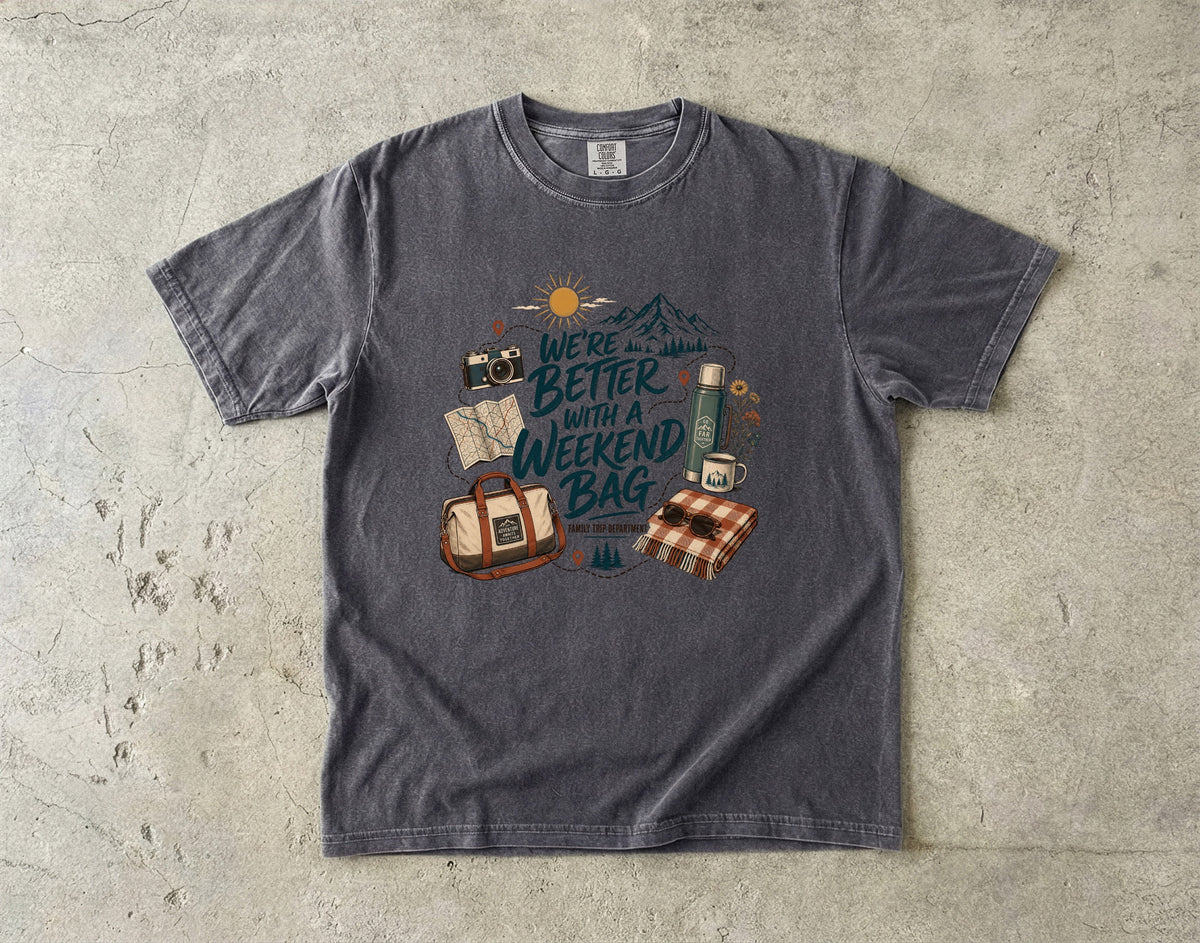 We're Better with a Weekend Bag Road Trip Shirt in Pepper – flat lay