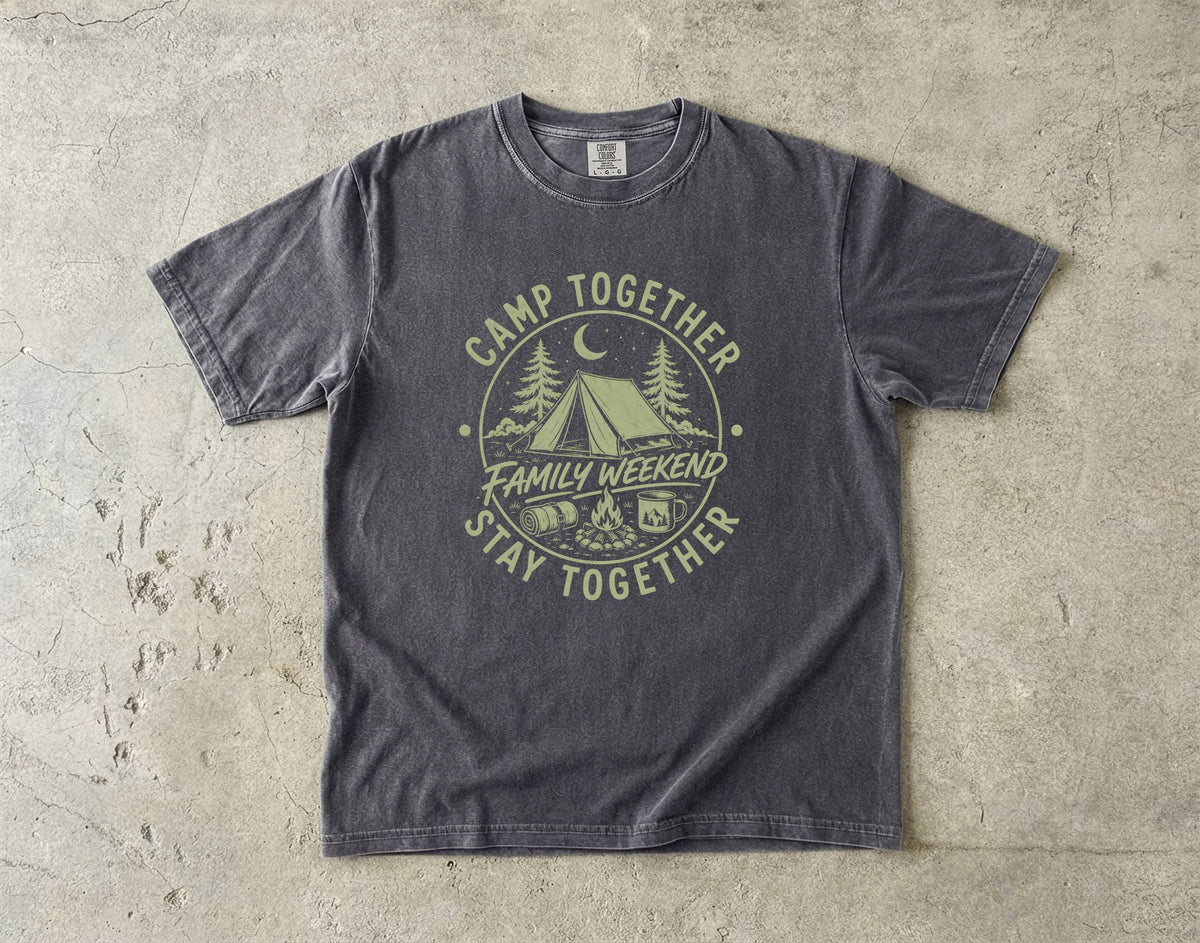 Camp Together Stay Together Family Weekend Shirt in Pepper – flat lay