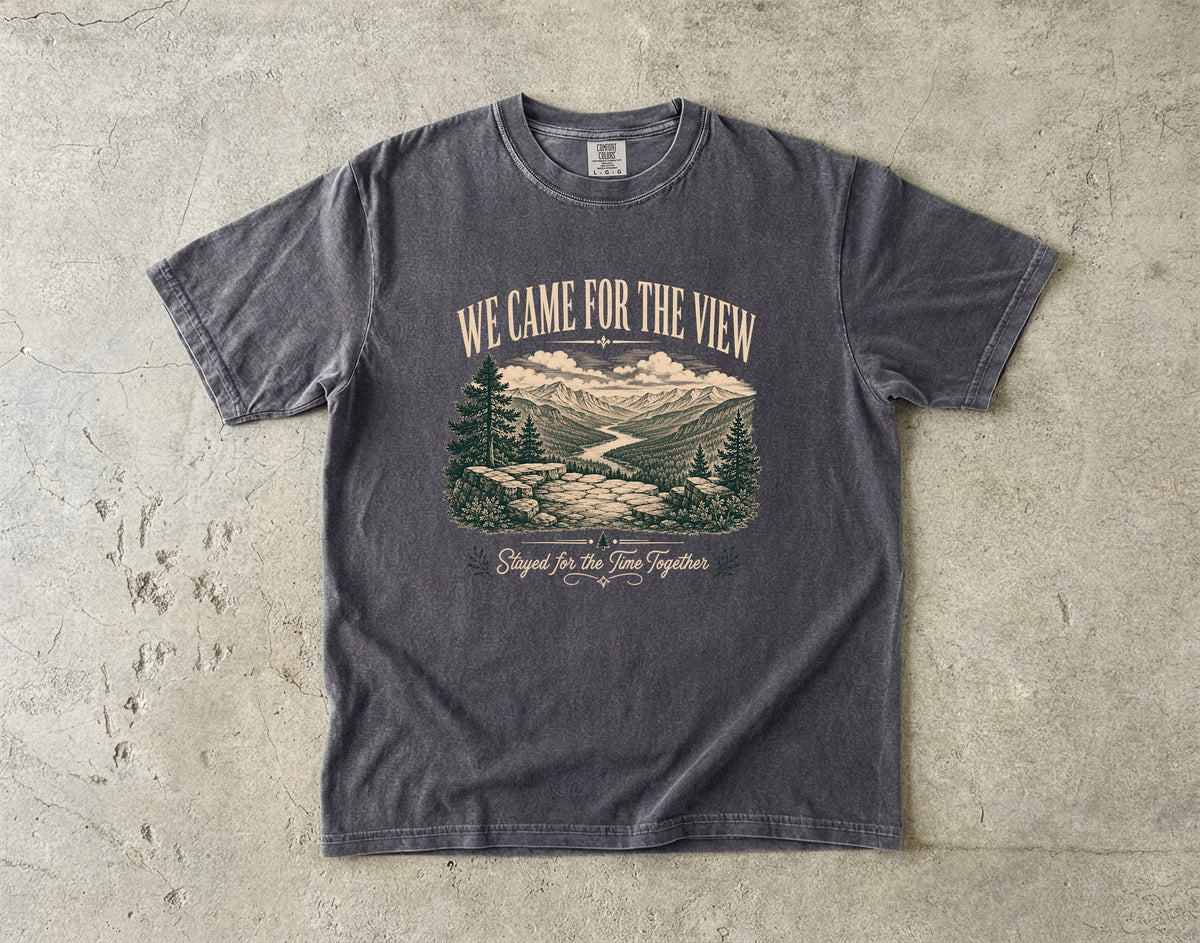 We Came for the View Mountain Adventure Shirt in Pepper – flat lay