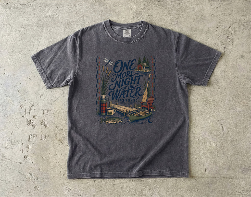 One More Night by the Water Lake Vacation Shirt in Pepper – flat lay
