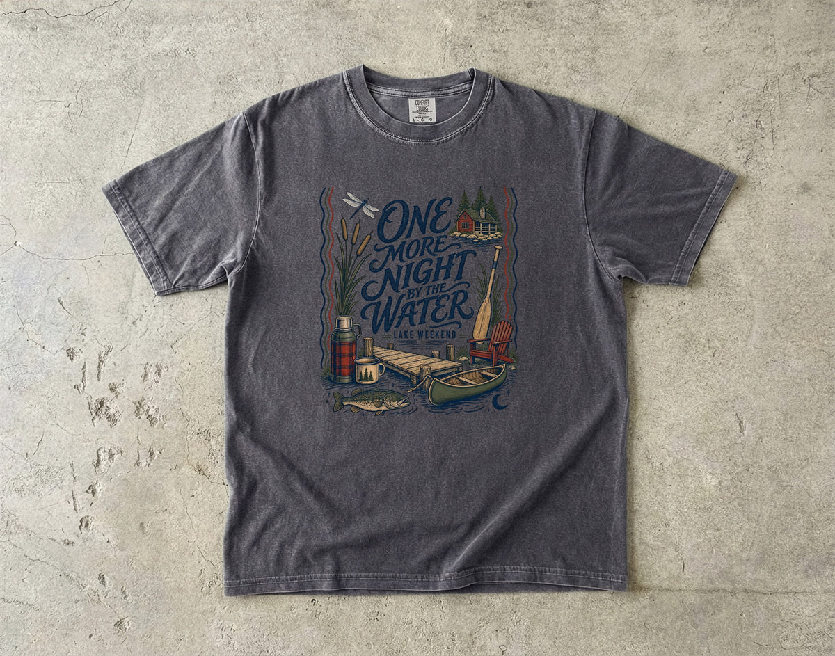 One More Night by the Water Lake Vacation Shirt in Pepper – flat lay